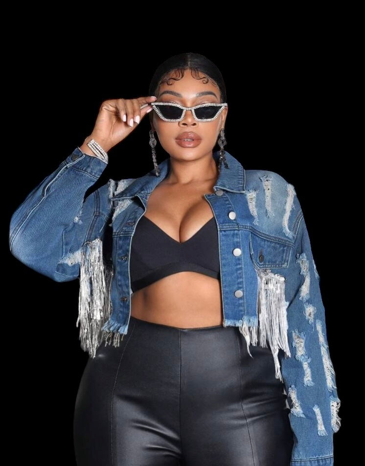 Beautiful Renaissance Plus Size Women's Long Sleeve Denim Jacket w Distressed Details Fringe Slouchy Shoulders Coat