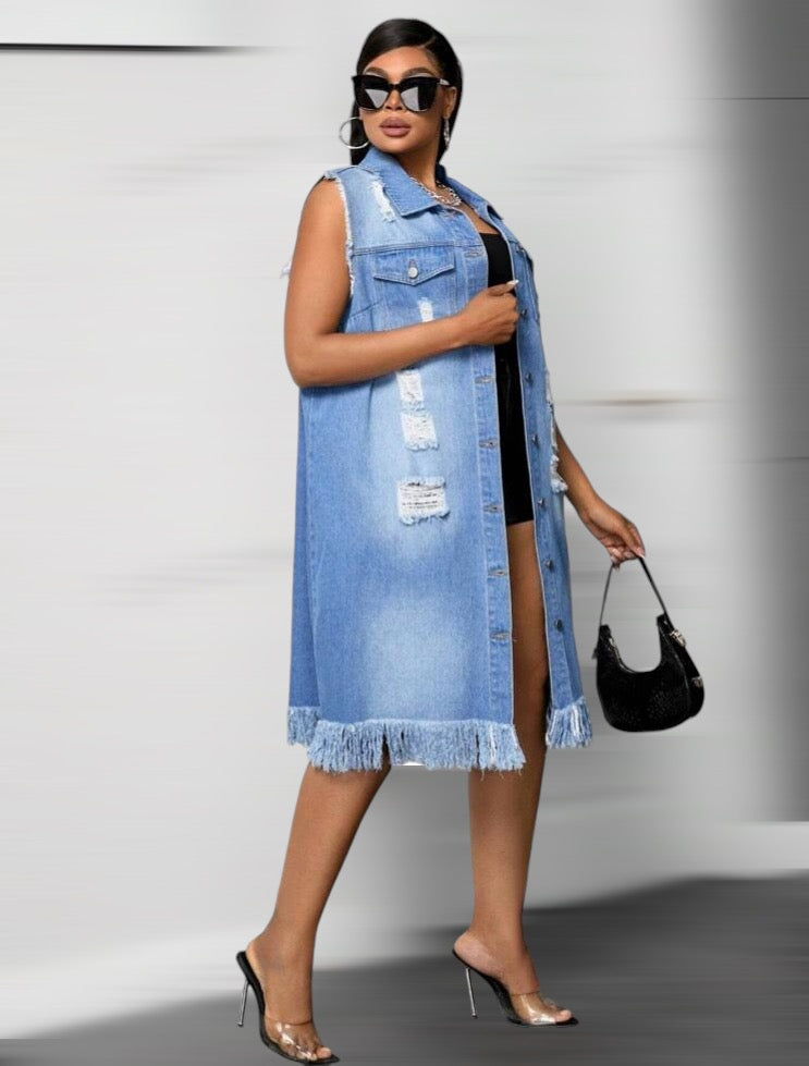 Denim Blue  Casual Fashion Sleeveless Fringe Vest Dress Plus Size