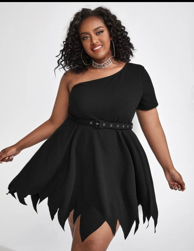 Sexy Party Lil Black Dress Plus One Shoulder Asymmetrical Hem Belted Dress for Party Dates Formal Clothing