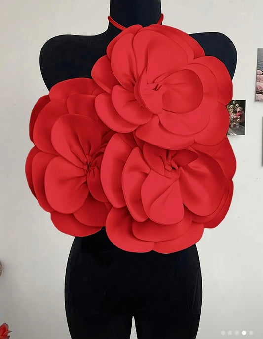 Red Rose Women's 3D Flower Backless Halter Cami Top Sleeveless Camisole Crop Summer Blouse