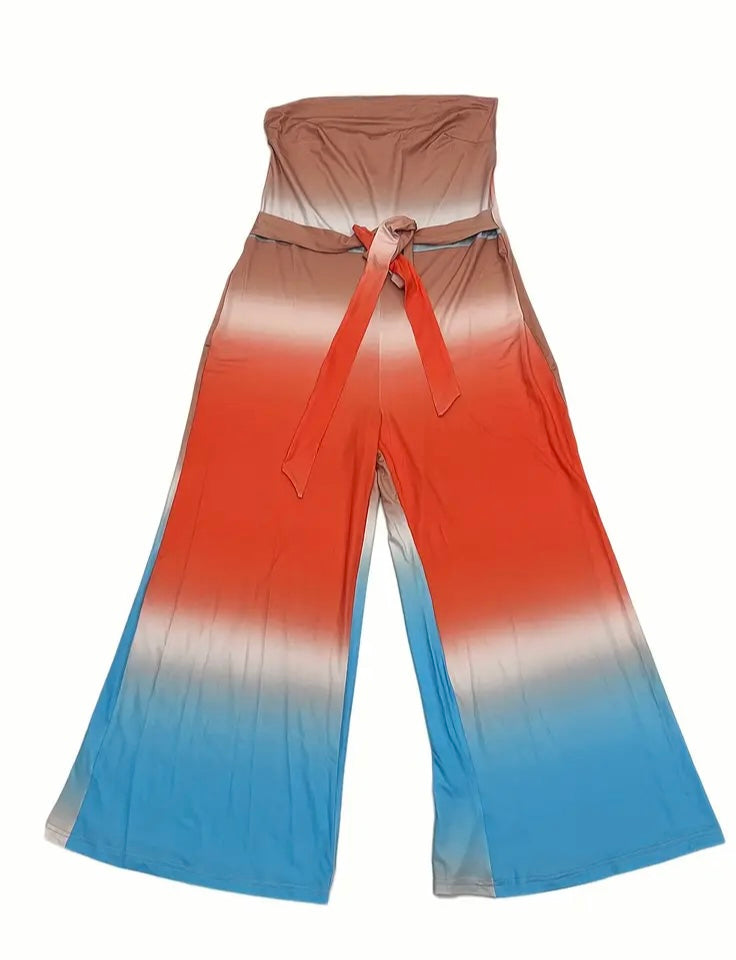 Casually Amazing Two Pieces Jumpsuit Plus Size Casual Outfit Women's Plus Ombre Earth Tone Print Long Sleeve Open Front Cardigan & Belted Outfits Set