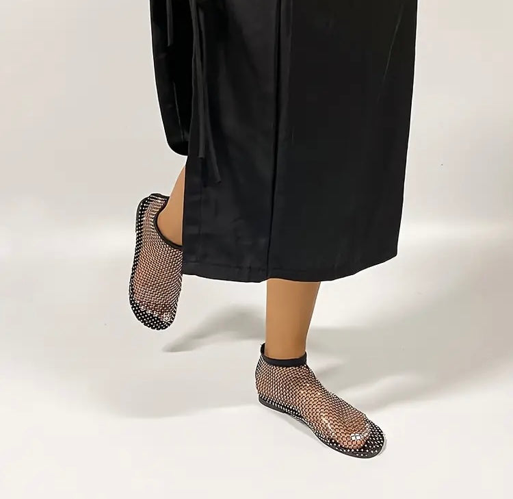 Stylish Rhinestone Mesh Flat Sandals Glamorous Slip-On Shoes Comfortable Party Flats for Women