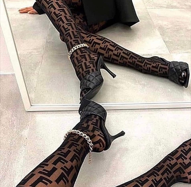 Black Knit Stretch Stockings Women Letter F Fishnet Pantyhose