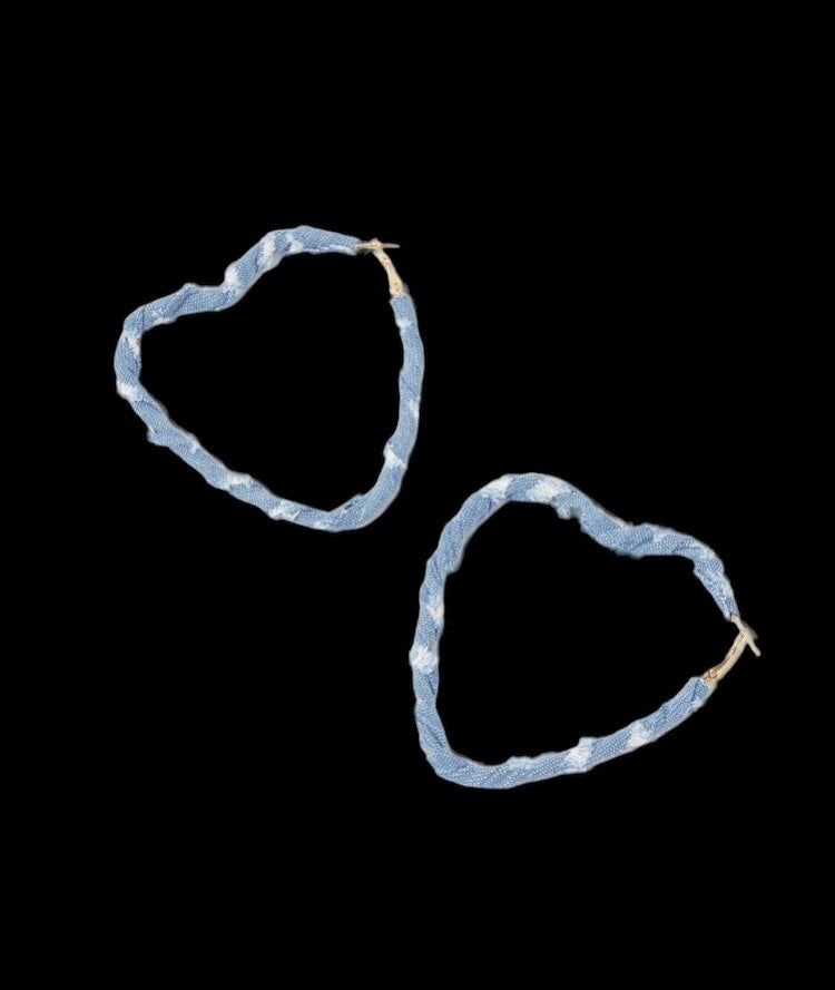 Light Blue Denim & Fashion Print Fabric Wrapped Heart Hoop Earrings for Women Accessories