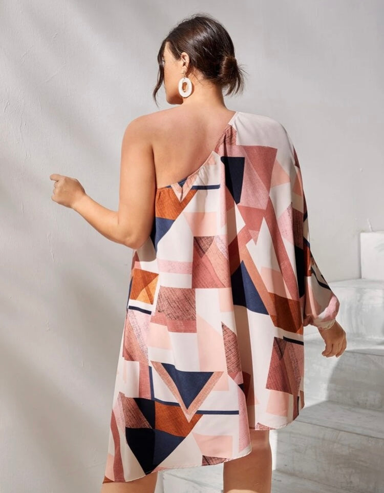 Beautiful Colored Plus Size Tan Mixed Styled Patchwork Print One Shoulder Lantern Sleeve Pull All Oversized Dress Fits Most Hem Clothing