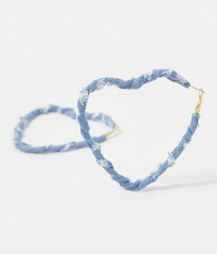 Light Blue Denim & Fashion Print Fabric Wrapped Heart Hoop Earrings for Women Accessories