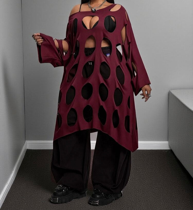 Women's Maroon Burgundy Asymmetric Shoulder Hollow Cut Out Cover-Up Mid-Length Dress Top