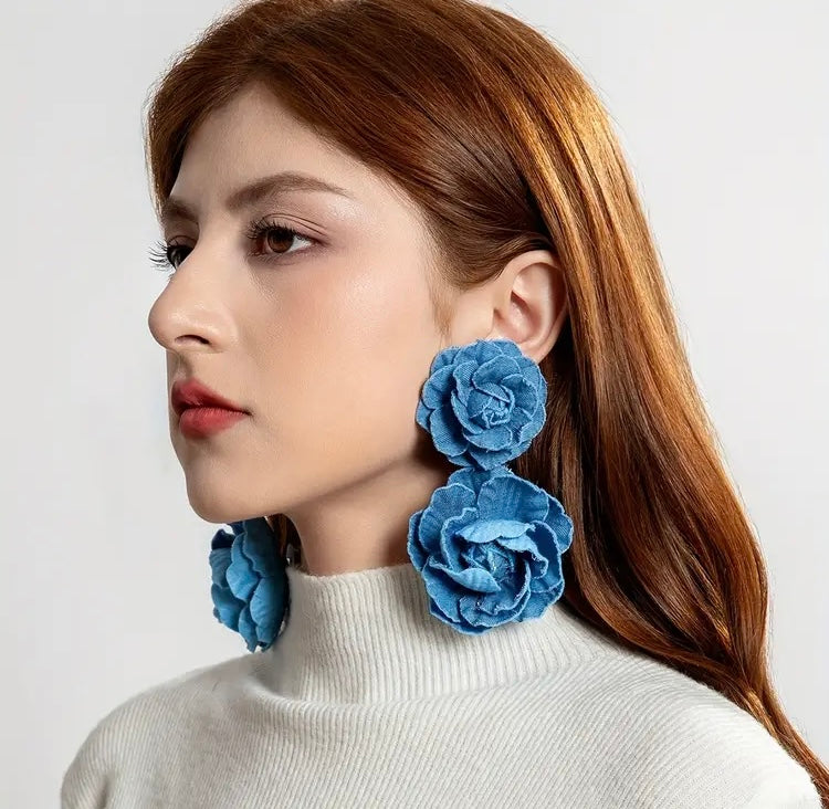 Elegant Big Denim Floral Rose Drop Earrings for Women Stylish Flower Design Accessories