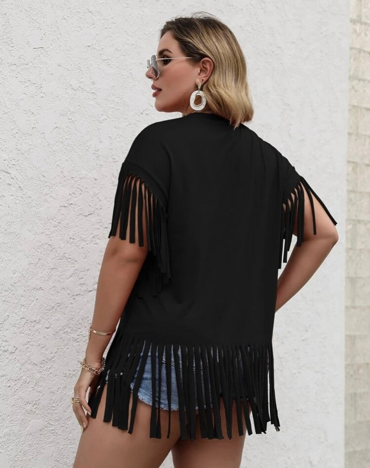 Black Styled Plus Fringe Cami Top Shirt Blouse Ladies Beach Outer Wear Clothing