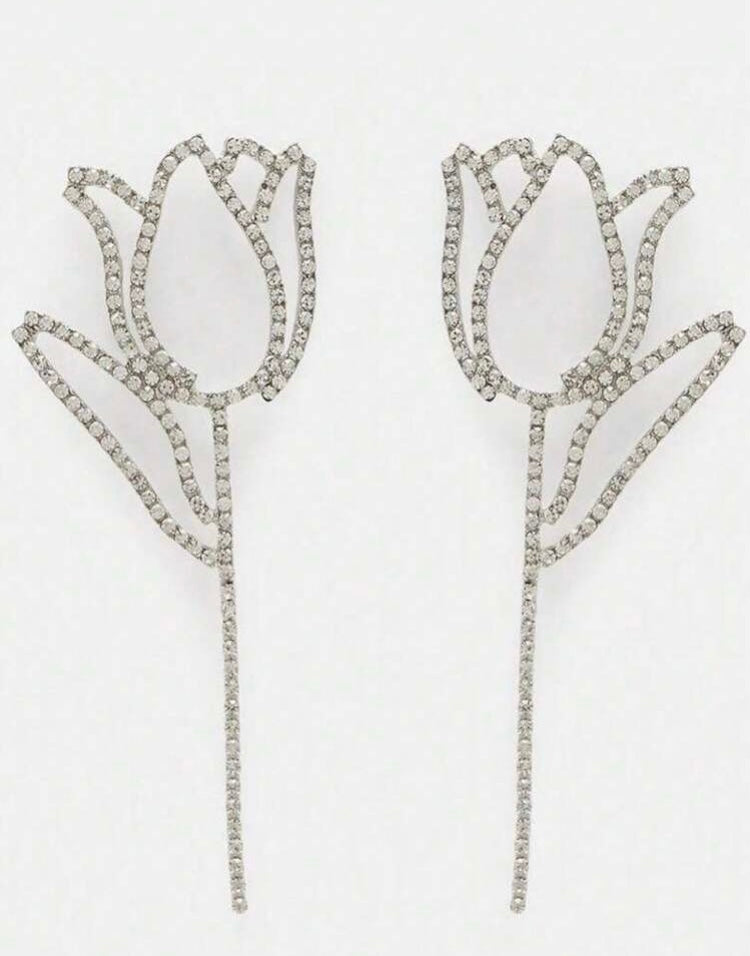 Beautiful Silver Crystal Rhinestone Tulip Flower Drop Earring for Prom Wedding Formal Jewelry Pretty Accessories