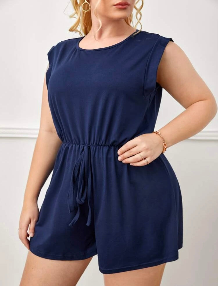 Navy Blue One Piece Plus Comfort Fit Stretchy Keyhole Back Peek Sleeve Tie Knot Front Shorts Romper Wear