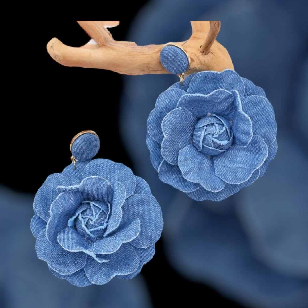 Denim Rose Flower Women Drop Bold Elegant  Exaggerate Statement Earrings