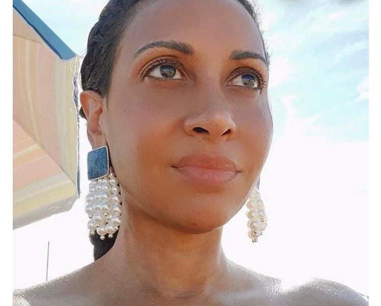 White Pearl Denim Round Beaded Chain Drop Earrings High-Quality Fashion Trend Jewelry Accessories