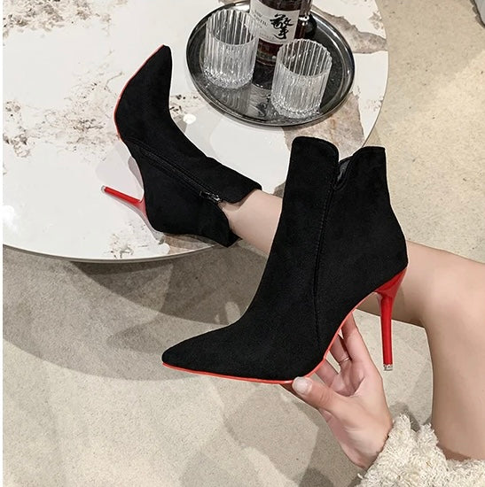 Stunning Black 10cm Height Stilettos Winter Red Bottom Heels Zip Warm Black Ankle Boots Women Footwear Shoes Women