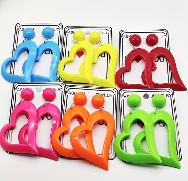 Cute & Bold Acrylic Heart Earrings in Fluorescent Colors Perfect for All Season Wear Accessories