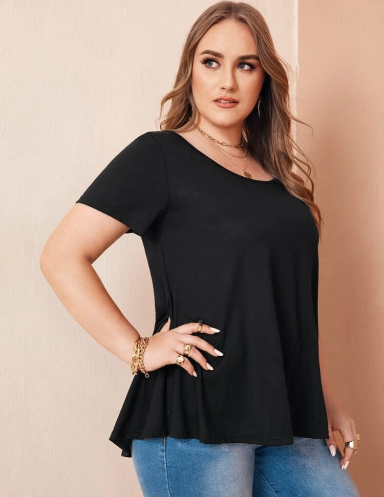 Plus Size Round Neck Solid Black Tie Backless Tie Tee Top Blouse