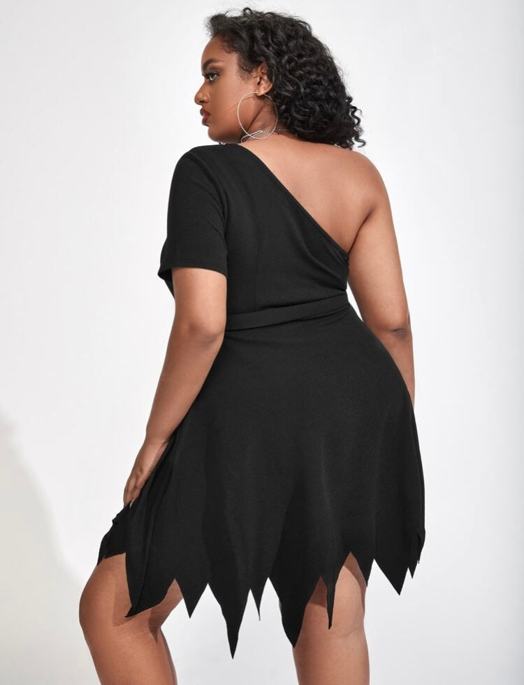 Sexy Party Lil Black Dress Plus One Shoulder Asymmetrical Hem Belted Dress for Party Dates Formal Clothing
