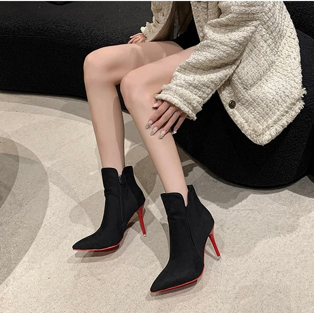 Stunning Black 10cm Height Stilettos Winter Red Bottom Heels Zip Warm Black Ankle Boots Women Footwear Shoes Women