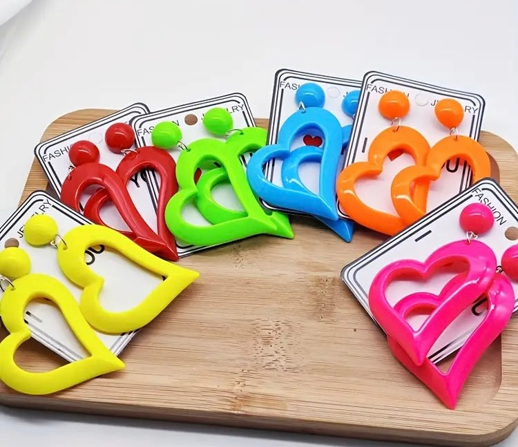 Cute & Bold Acrylic Heart Earrings in Fluorescent Colors Perfect for All Season Wear Accessories