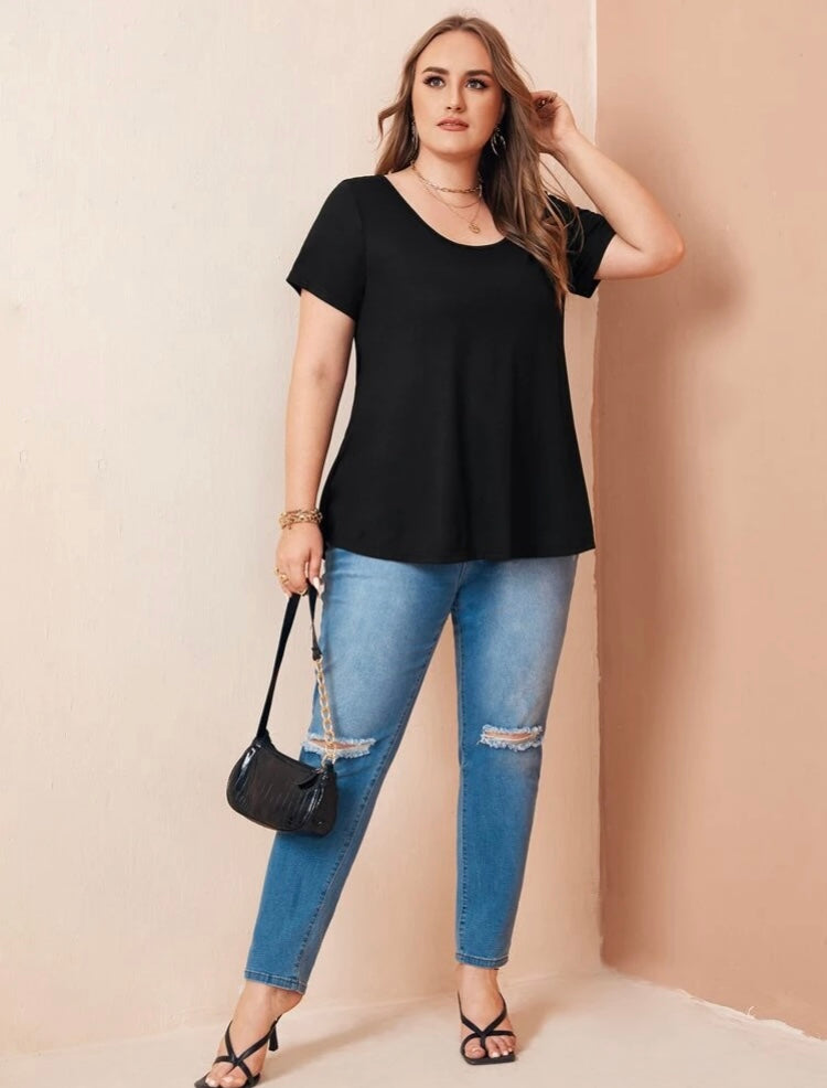 Plus Size Round Neck Solid Black Tie Backless Tie Tee Top Blouse
