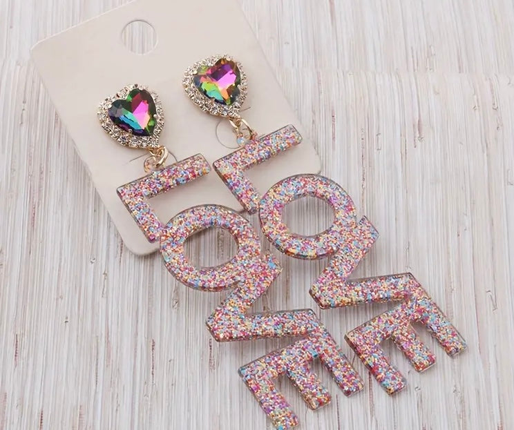 Black Glitter Chic Dangle Earrings Trendy Love Heart Design Rhinestone Resin Jewelry