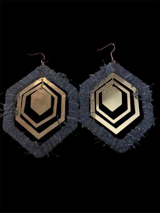 Handmade Fashion Denim Wood Statement  Big Hexagon Distressed Earrings Accessories Women's Jewelry