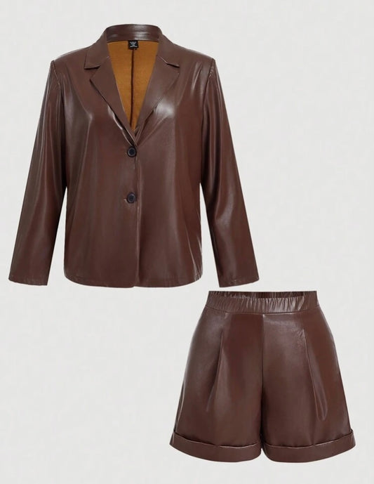Brown Casual Dressy Plus Size Fall Winter Women PU Leather Suit 2pc Set