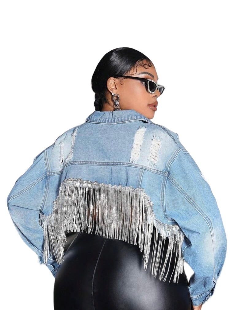 Beautiful Renaissance Plus Size Women's Long Sleeve Denim Jacket w Distressed Details Fringe Slouchy Shoulders Coat