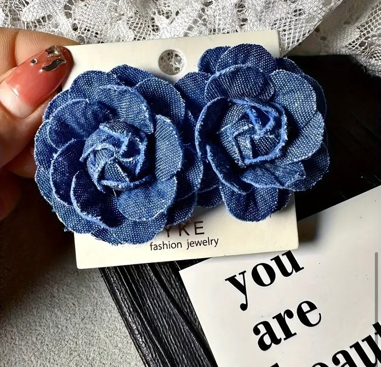 Denim Pretty Stud  Handmade Flower  Bold Blue Jeans Floral Statement Hot Fashion Ladies Earrings