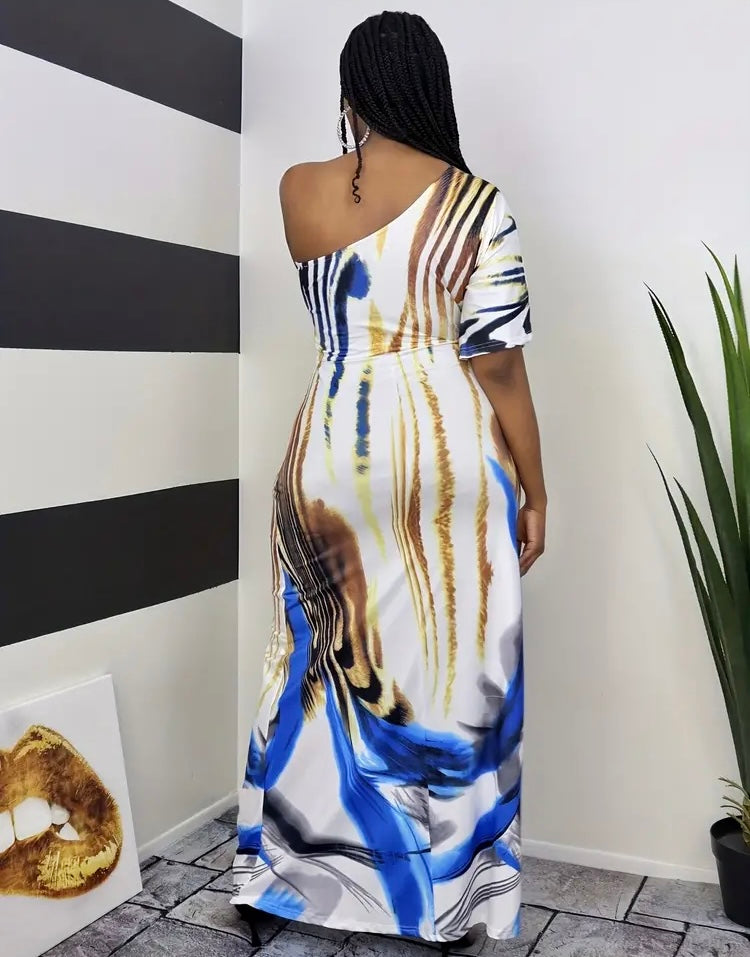 Radiant All Over Print One Shoulder Dress Casual Short Sleeve Women's Plus Size Clothing