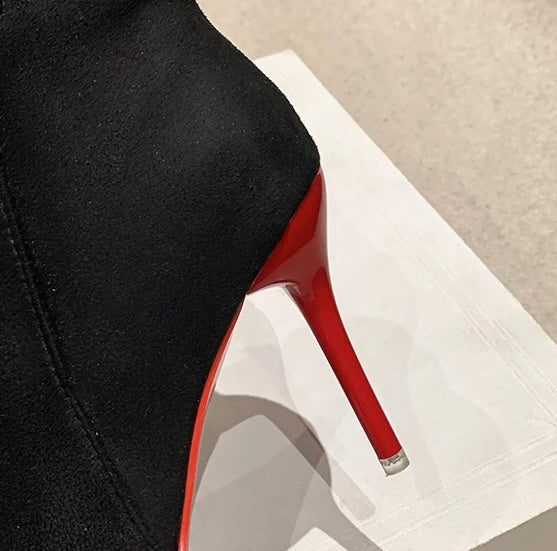 Stunning Black 10cm Height Stilettos Winter Red Bottom Heels Zip Warm Black Ankle Boots Women Footwear Shoes Women