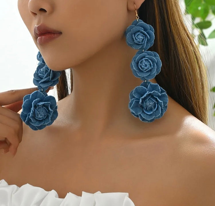 Beautiful Fashionable Triple Denim Flower Blue Jeans Big Flower Earrings for Women Jewelry Accessory