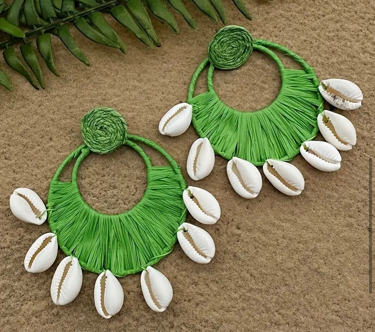 African Cowrie Shell Fashion  Beach Crochet Earrings Large Circle Tassel Dangle Jewelry