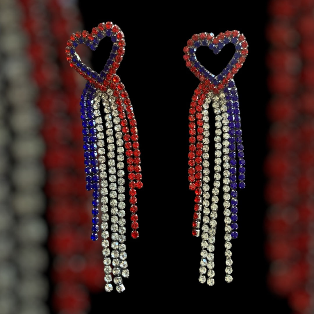Red White Blue Heart Rhinestone Crystal Tassel Drop Earring for Women  Pendant Earrings Girl Ear Jewelry