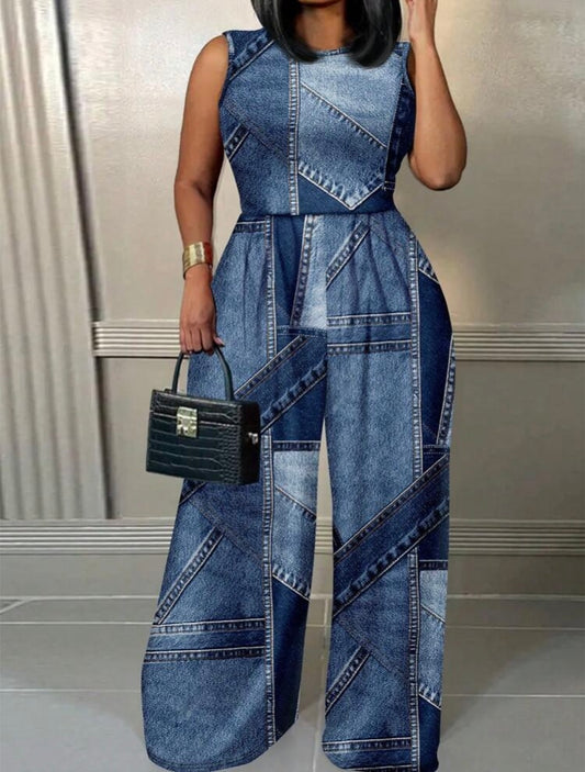 Fit the Denim Look Strike a Pose Women's Casual Loose Retro Patchwork Patterned Blue Jumpsuit Plus Size for all Seasons Wear