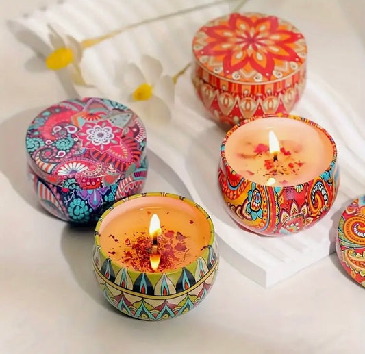 Fragrance Scented Handmade Soy Wax Small Candles w Round Metal Lid Container and Glitter Accents