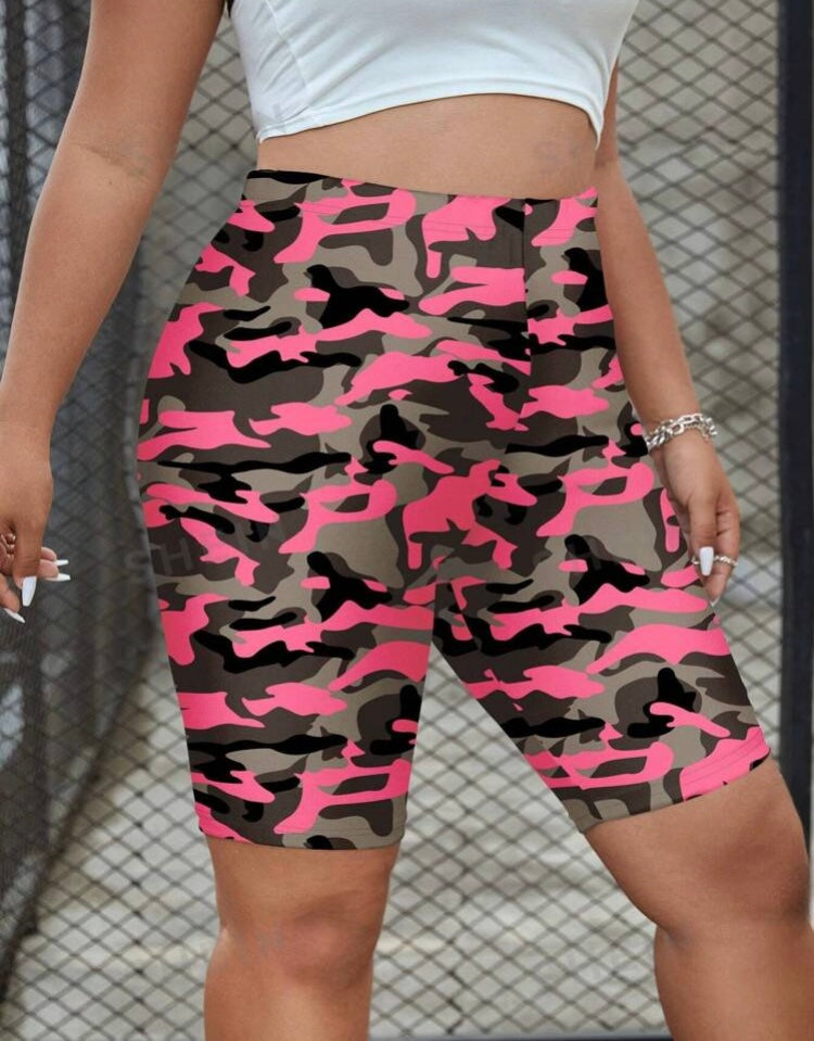 SHEIN EZwear Plus Size Casual Full Print Design Summer Leggings, Biker Short Leggings