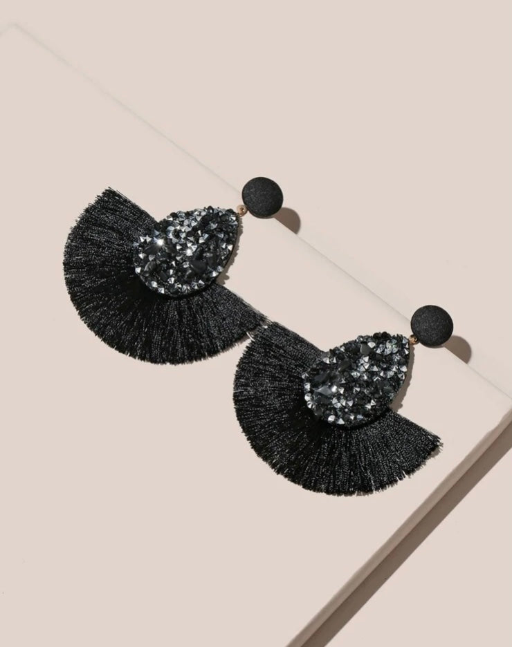 Cute Black Tassel Crystal Styled Feathered Statement Fashion Sparkly Earrings