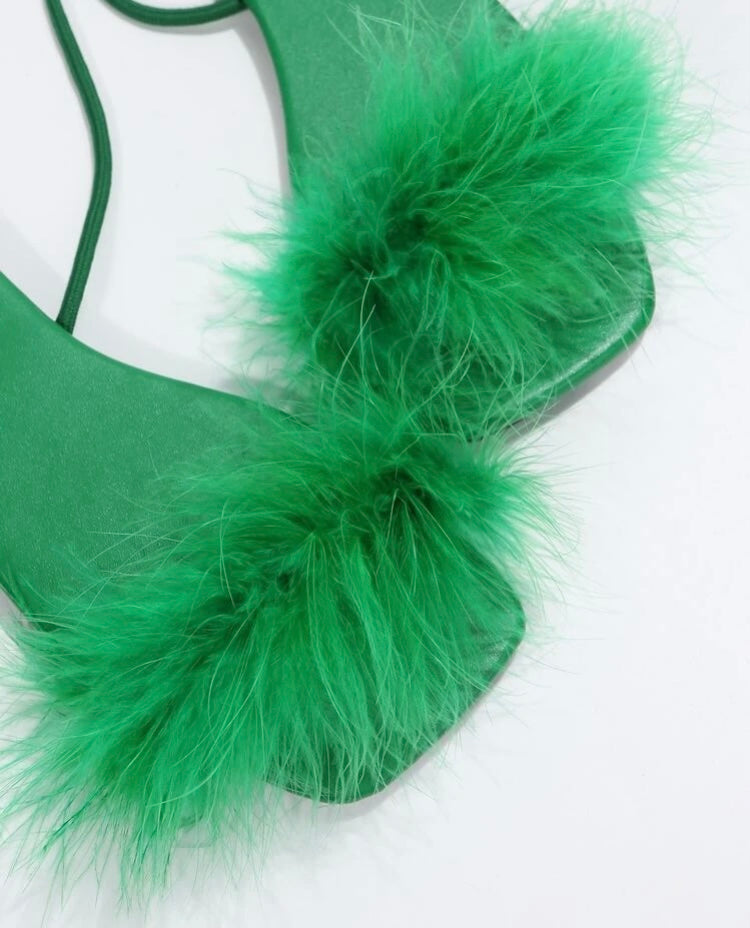 Green Women Fluffy Open Toe Flat Ankle Strappy Sandals Cute Pretty Party Comfy Shoe Sandals