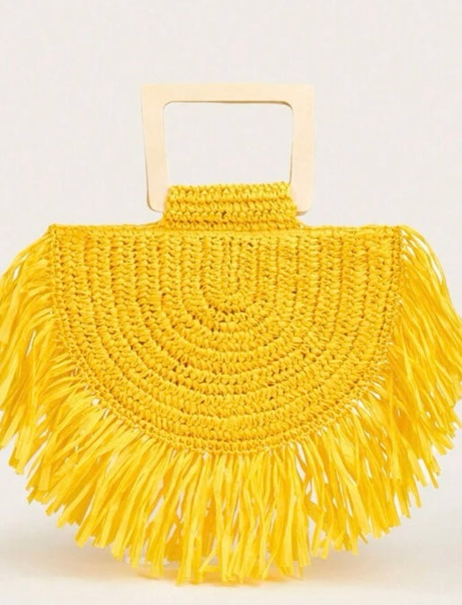 Yellow Fringe Trim Straw Tote Purse Woven Bag Perfect for Summer Vacay Beach Ocean Life Travel Accessories