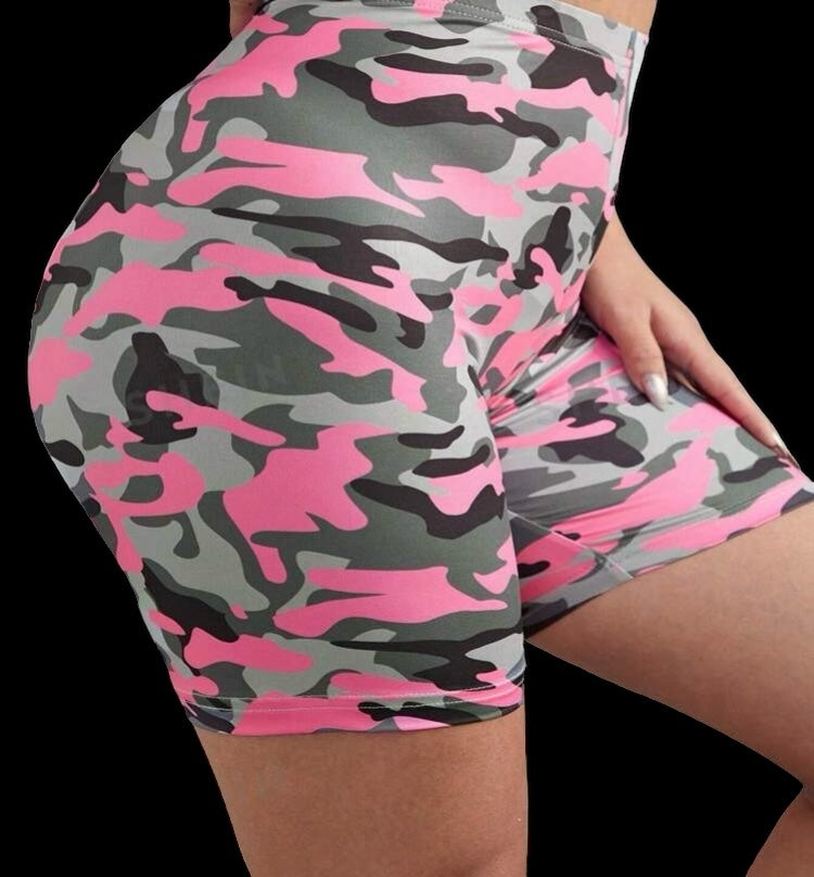 SHEIN EZwear Plus Size Casual Full Print Design Summer Leggings, Biker Short Leggings