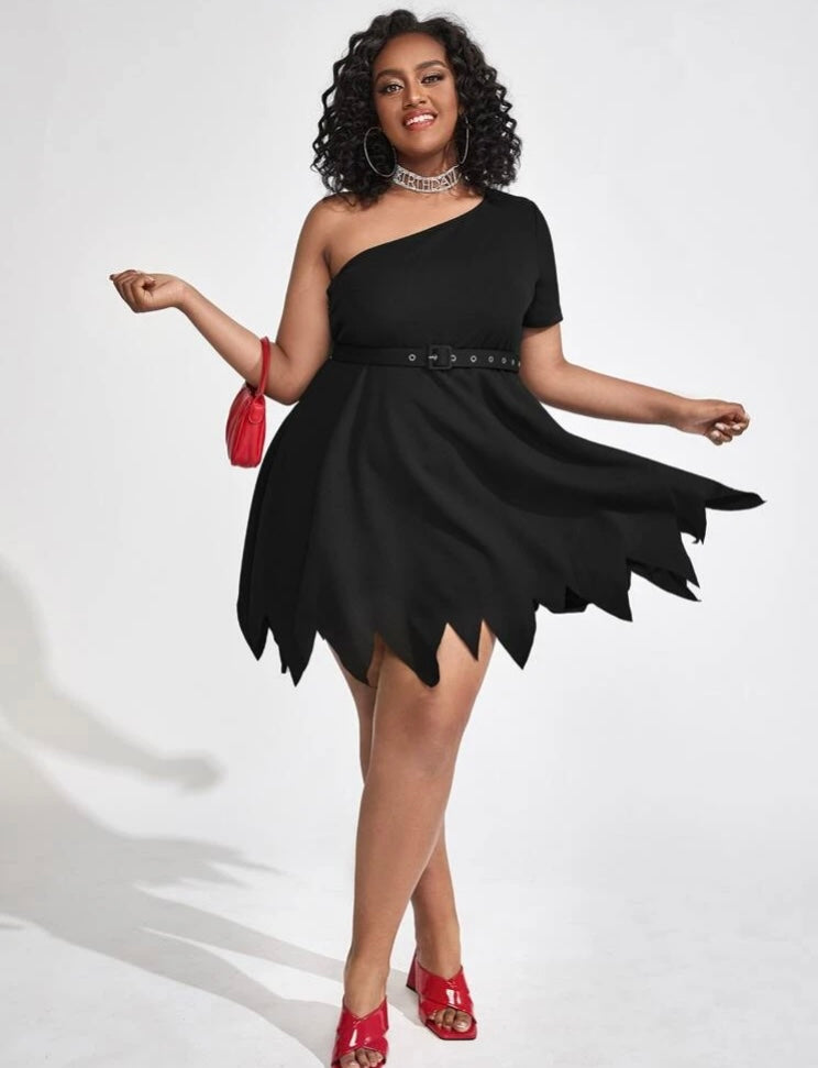 Sexy Party Lil Black Dress Plus One Shoulder Asymmetrical Hem Belted Dress for Party Dates Formal Clothing