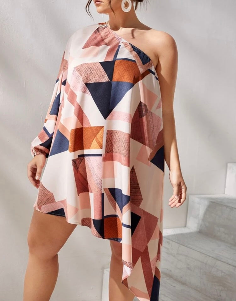 Beautiful Colored Plus Size Tan Mixed Styled Patchwork Print One Shoulder Lantern Sleeve Pull All Oversized Dress Fits Most Hem Clothing