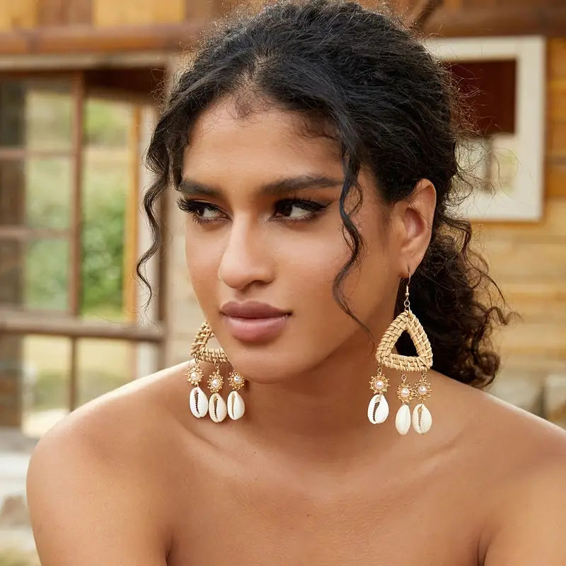 Unique Cowries Triangle Shell Tassel Design Dangle Earrings  Bohemian Style for Women Seaside Vacay Jewelry