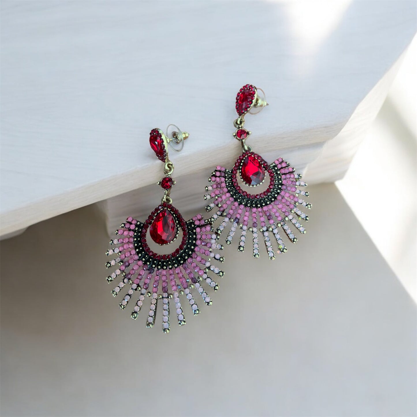 Women's Rhinestone Peacock Vintage Styled Statement Fashion Red Pink Earrings Accessory