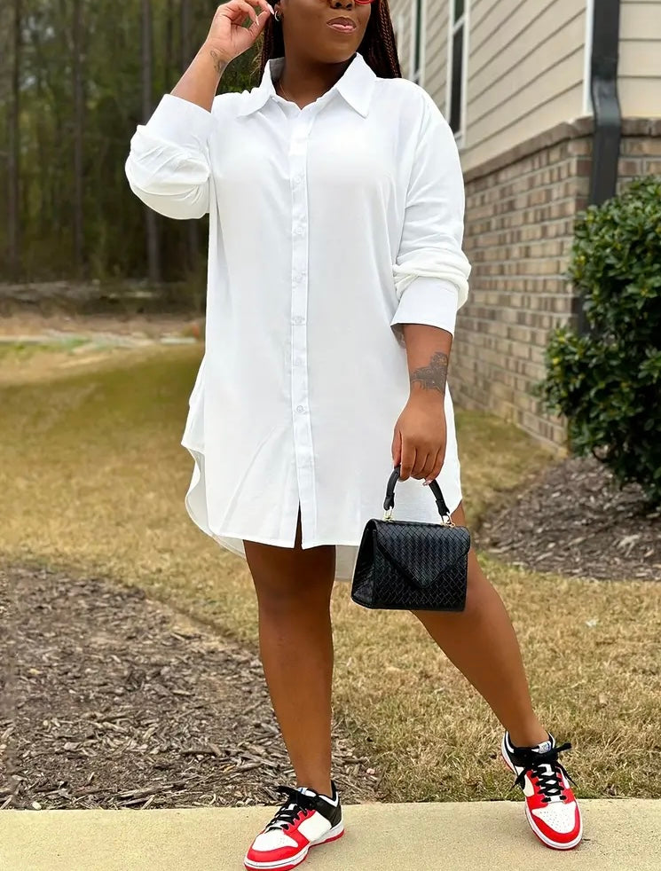 All White Solid Button Front Casual Collared Long Sleeve Shirt Dress for Women's Plus Size Clothing