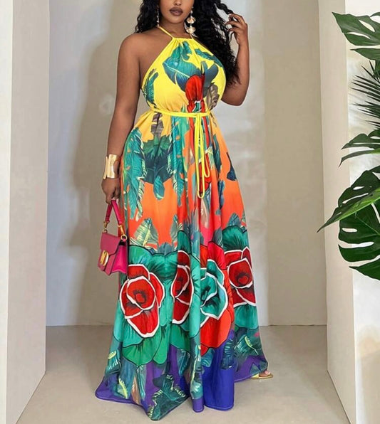 Sophisticated Her Plus Size Women Tropical Plant Floral Print Sleeveless Halter Cross Tie Waist Dress for Casual & Vacation Cruise Ready Spring  Summer Wear