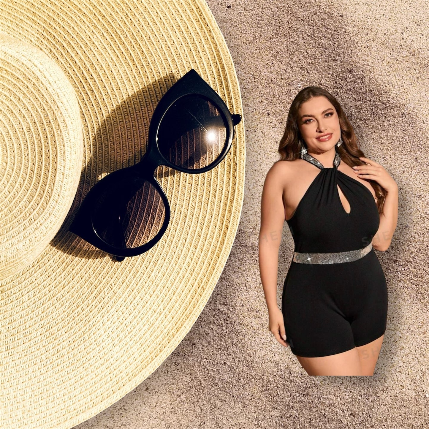 Sassy & Classy Chic Plus Size Contrast Silver Sequin Keyhole Back Out Halter Bodysuit Short Romper Women’s Wear