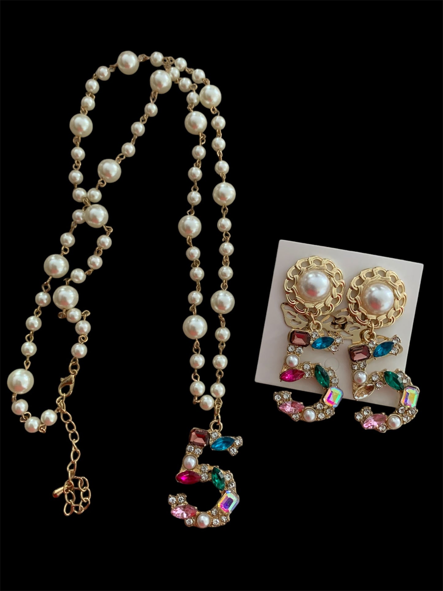 Beautiful Statement Multi Rhinestones No. 5 Crystal Styled Neck & Ear Set