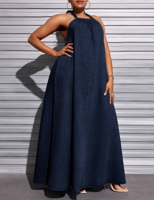 Summer Body Loading all Dark Blue Denim Season Curvy Wear Tie Backless Out Halter Neck Long Dress
